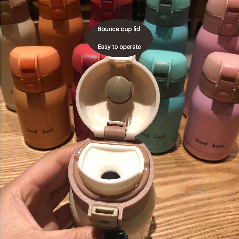 Good Luck Mini Stainless Steel Thermos Flask - 350ml Leakproof Insulated Bottle with Pop-Up Lid & Strap(pink)
