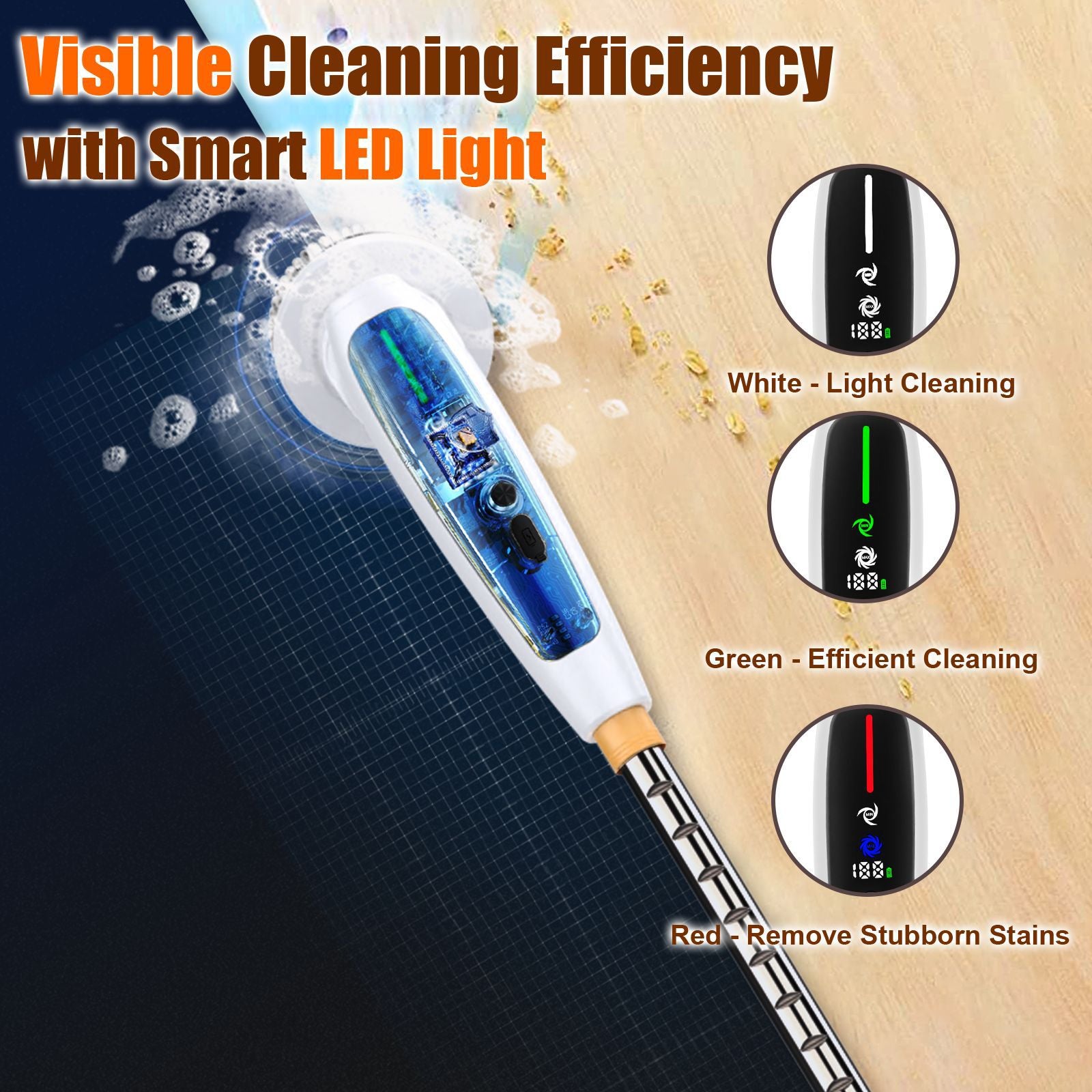 Electric Spin Scrubber with Adjustable Extension Handle & 8 Brush Heads - Smart LED Display