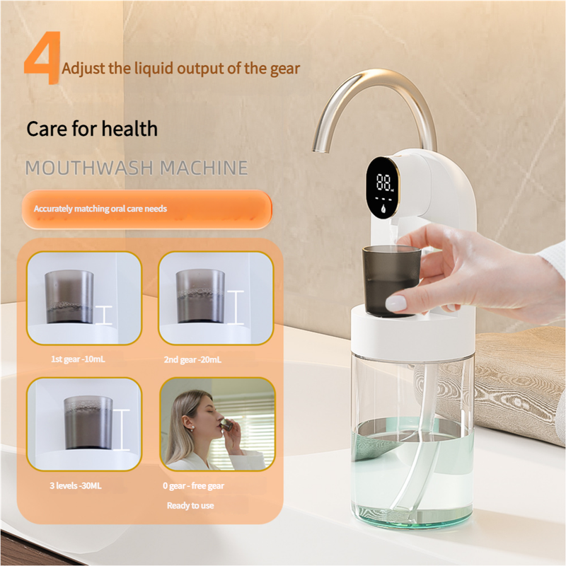 Smart Automatic Mouthwash Dispenser - 4 Adjustable Levels, LED Display, 2000mAh Battery & Magnetic Cups(black)