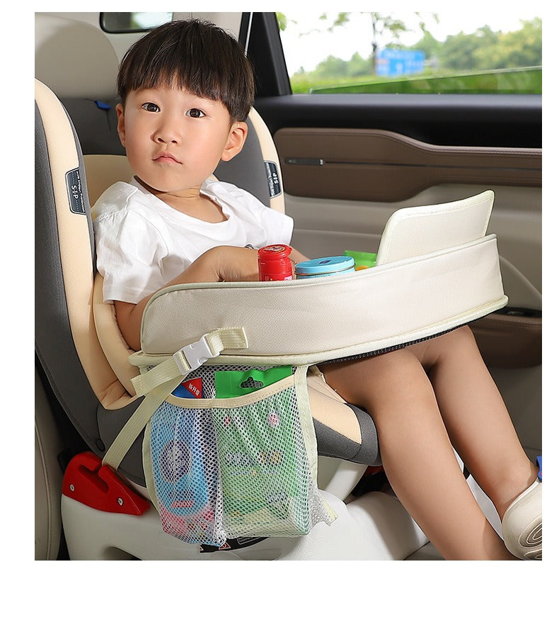 Kids Car Seat Travel Tray - Waterproof Lap Desk with Storage Pockets (Beige Bear - Round)