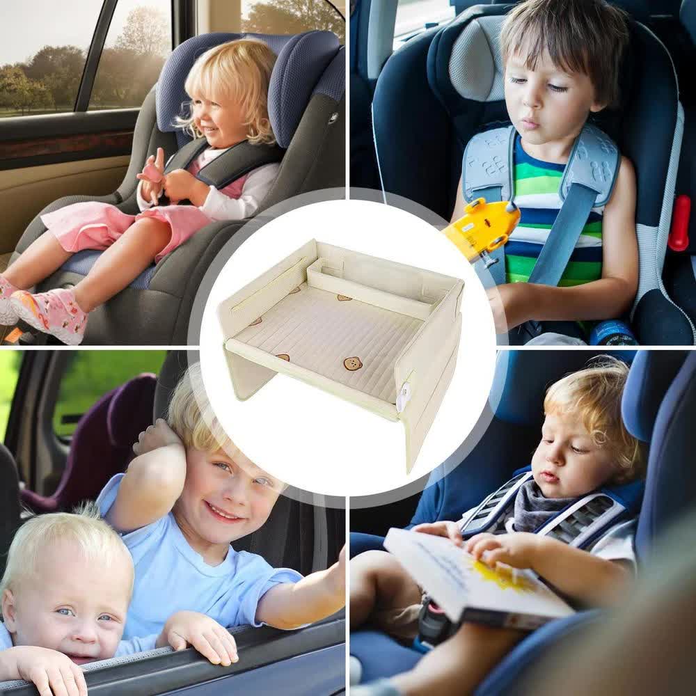 Kids Car Seat Travel Tray - Waterproof Lap Desk with Storage Pockets (Beige Bear - Square)
