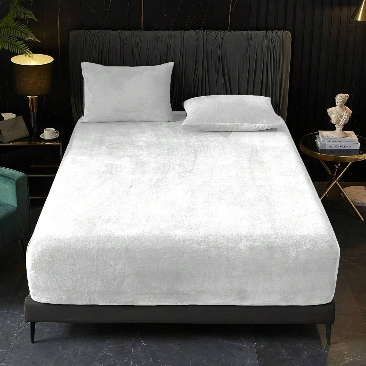 White Plush Crystal Velvet Fitted Sheet - Ultra Soft, Warm & Thick for Winter (138x190+36cm)