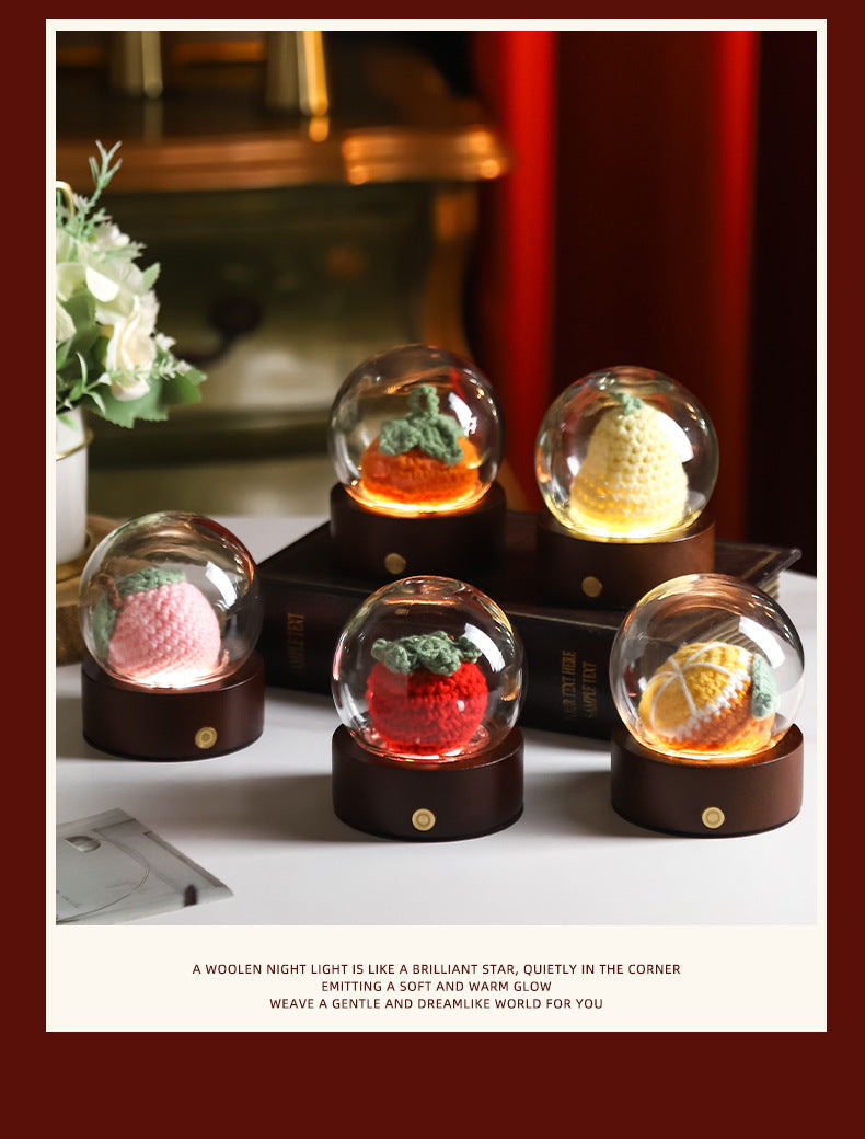 Orange Rose Handcrafted Crochet Flower LED Night Light - USB Rechargeable Glass Dome Lamp with Wood Base, 3 Color Modes