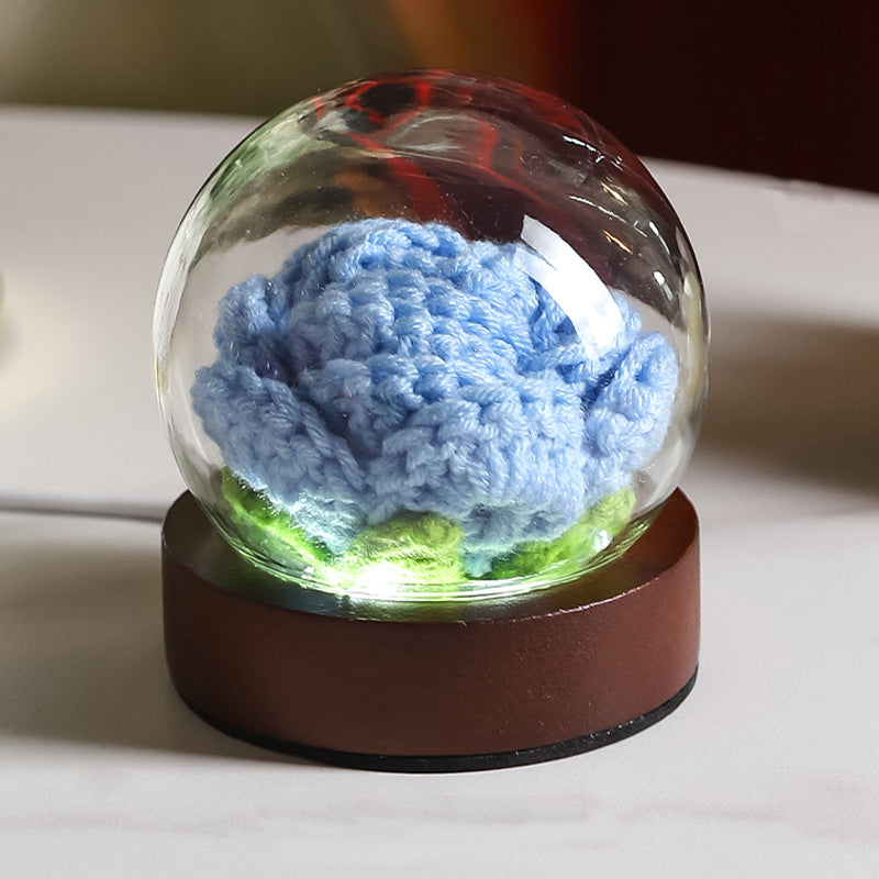 Blue Rose Handcrafted Crochet Flower LED Night Light - USB Rechargeable Glass Dome Lamp with Wood Base, 3 Color Modes