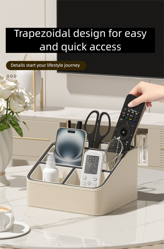Black Stylish PU Leather Desktop Organizer Caddy - Multi-Compartment Holder for Remotes, Office Supplies, Makeup