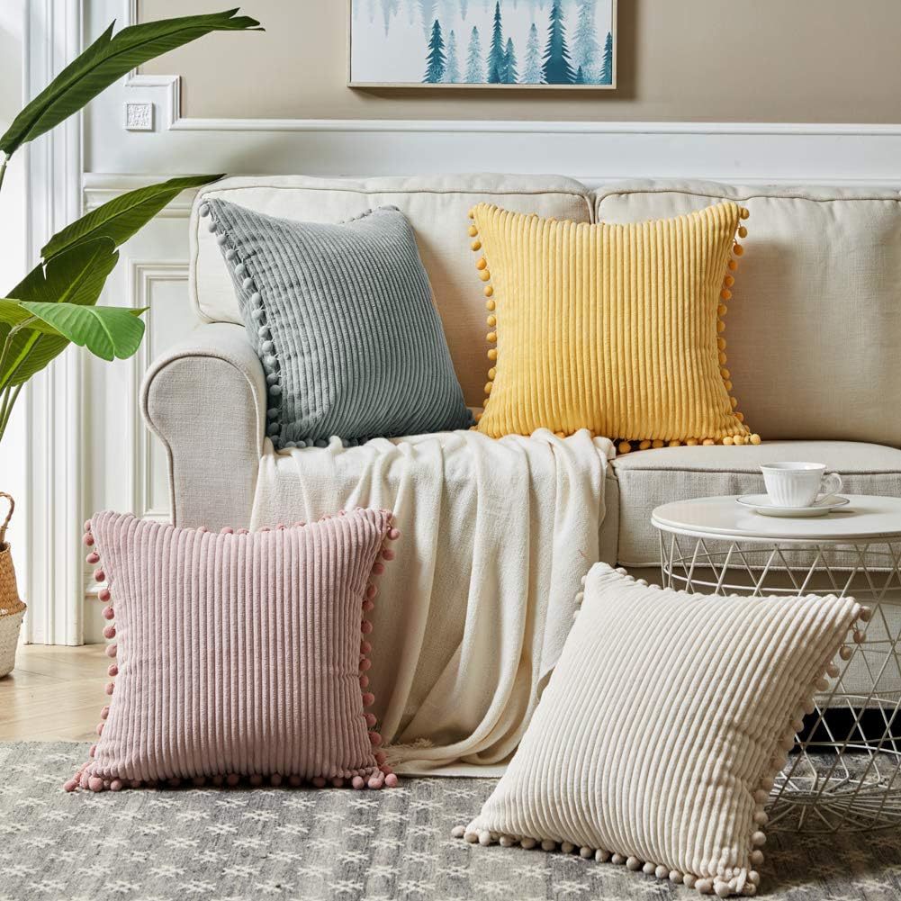 Light Green Soft Corduroy Cushion Cover Set (1 Square + 1 Rectangular) with Pom Pom Trim - Decorative Throw Pillow Cases for Sofa Couch