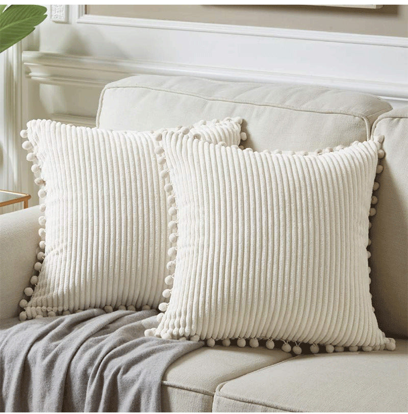 Light Green Soft Corduroy Cushion Cover Set (1 Square + 1 Rectangular) with Pom Pom Trim - Decorative Throw Pillow Cases for Sofa Couch