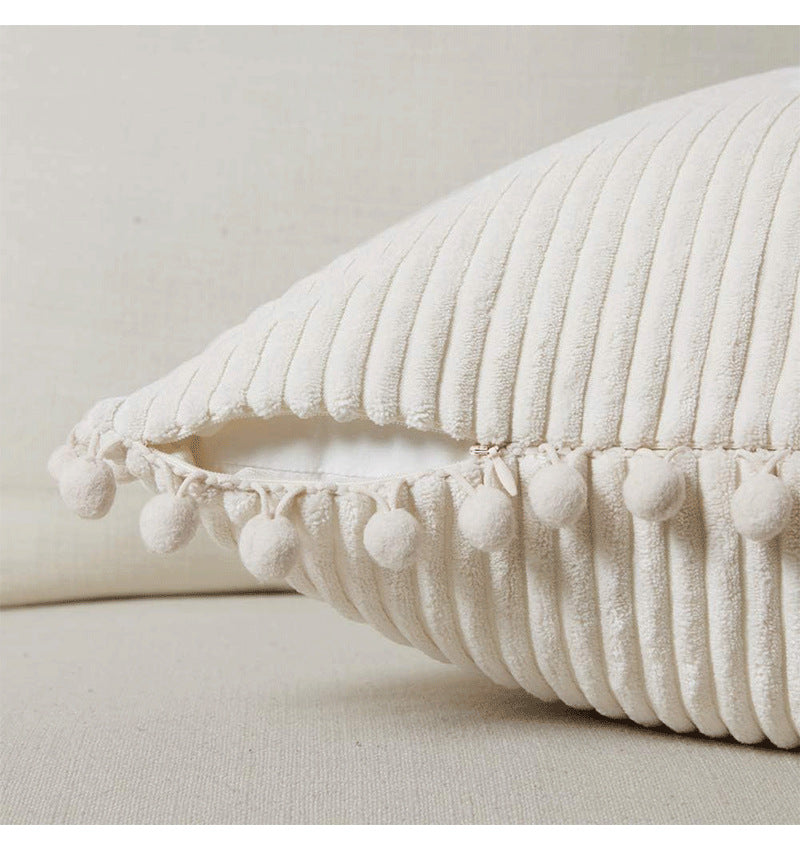 Light Green Soft Corduroy Cushion Cover Set (1 Square + 1 Rectangular) with Pom Pom Trim - Decorative Throw Pillow Cases for Sofa Couch