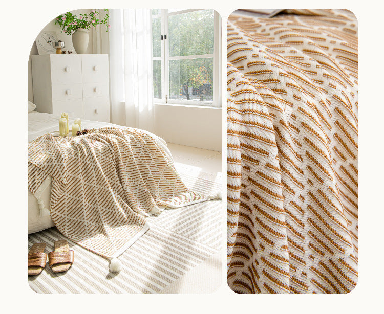 Green and Beige Diamond Pattern Soft Cozy Knit Throw Blanket with Tassels - Geometric Pattern Lightweight Acrylic Blanket for Sofa Couch Bed, 130x150cm