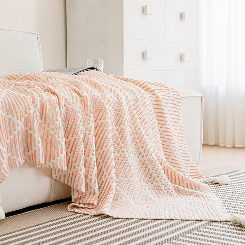 Pink and Beige Diamond Pattern Soft Cozy Knit Throw Blanket with Tassels - Geometric Pattern Lightweight Acrylic Blanket for Sofa Couch Bed, 130x150cm