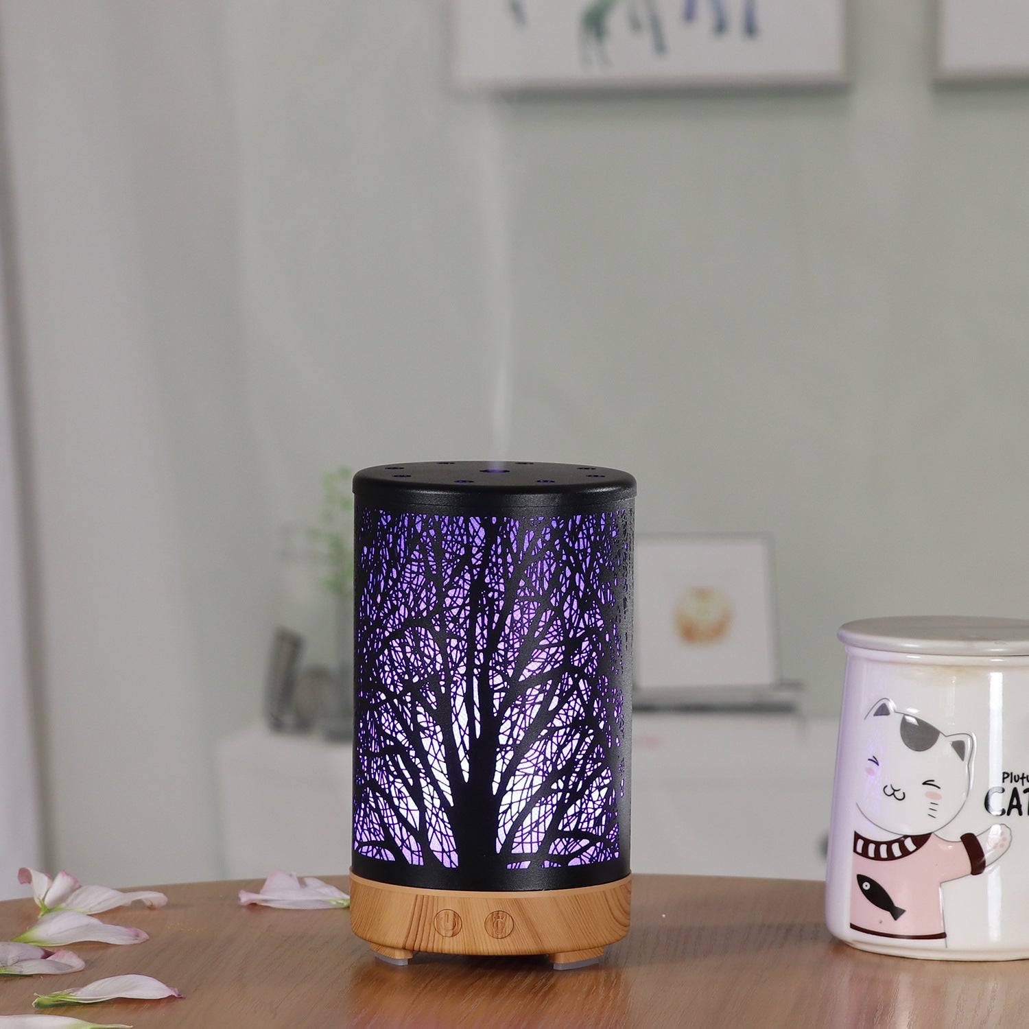 Coffee and Black Forest Design Iron Essential Oil Diffuser - 7 Color LED Ultrasonic Cool Mist Humidifier 100ml