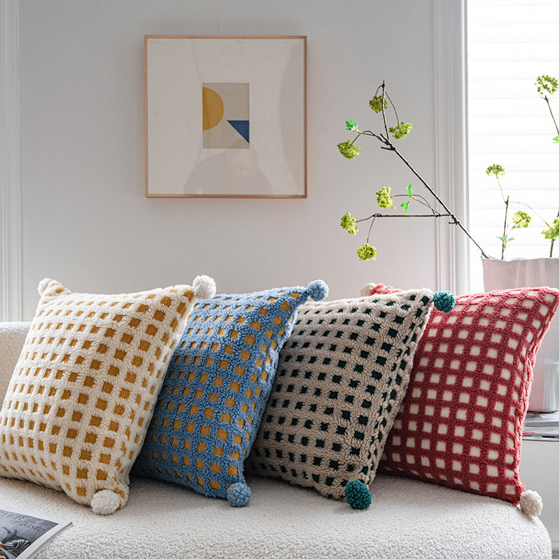 Blue and Yellow 3D Checkered Cushion Cover with Pom Poms - Soft Decorative Pillow Case for Sofa & Living Room (45x45cm, Cover Only)