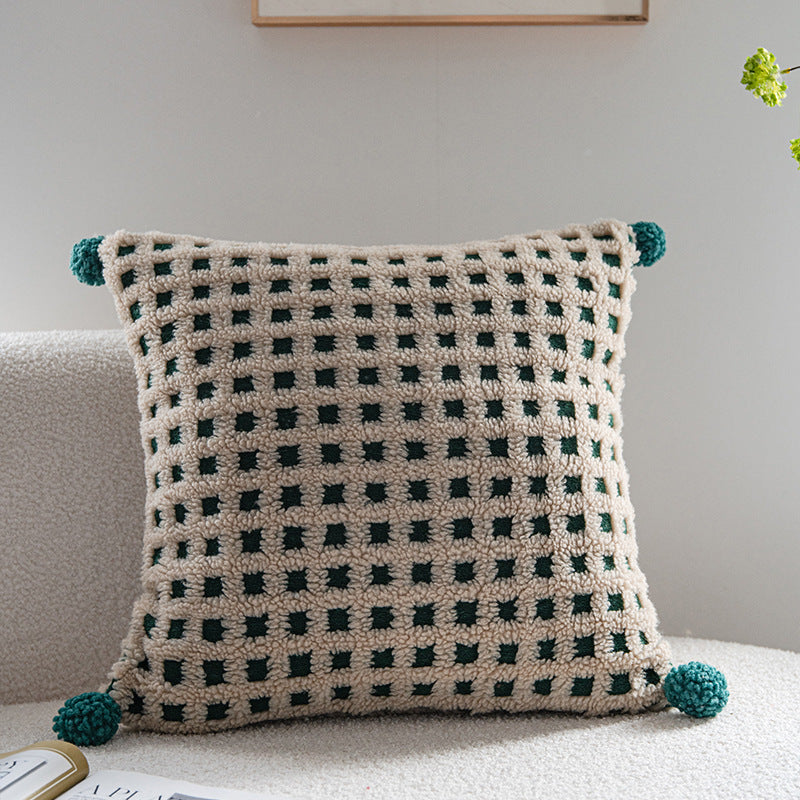 Beige and Green 3D Checkered Cushion Cover with Pom Poms - Soft Decorative Pillow Case for Sofa & Living Room (45x45cm, Cover Only)