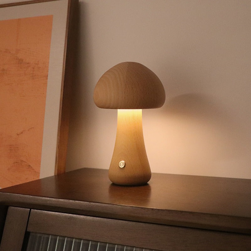 Brown Solid Wood Mushroom LED Table Lamp - Rechargeable Touch Control Bedside Night Light (Large)
