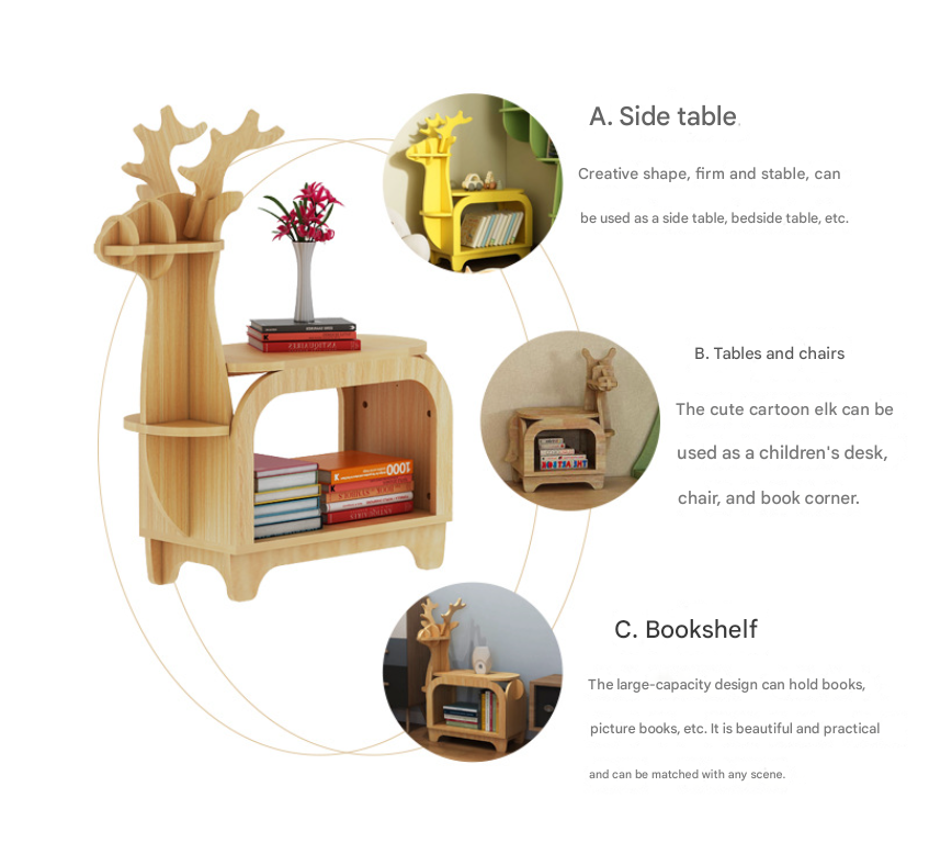 Green Small Creative Reindeer-Shaped Solid Wood Bookshelf for Kids