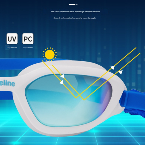 Coated Blue-white-blue Premium Full-View Anti-Fog Adult Swim Goggles with Wide-Frame Design