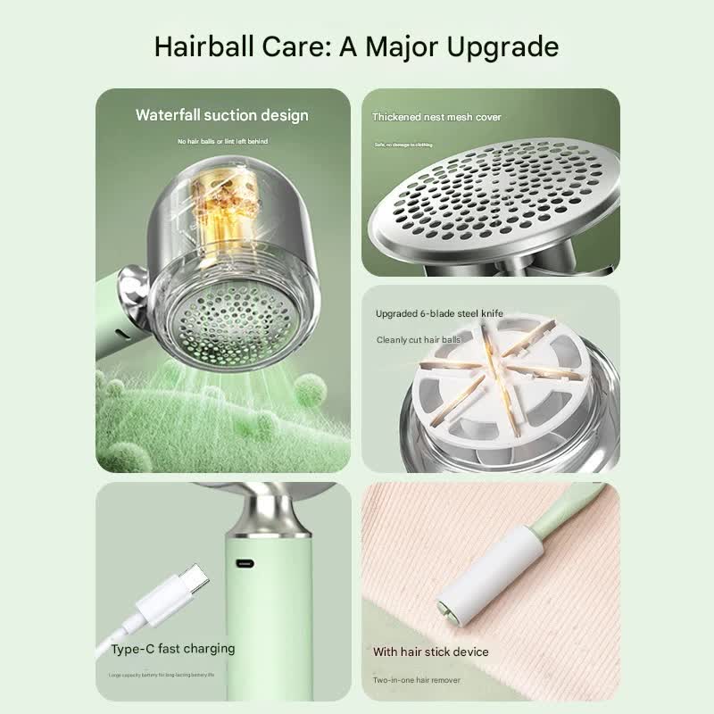 Upgraded Electric Lint Remover with LED Display - 6-Blade, Type-C Fast Charge, 2-in-1 with Sticky Roller(green)
