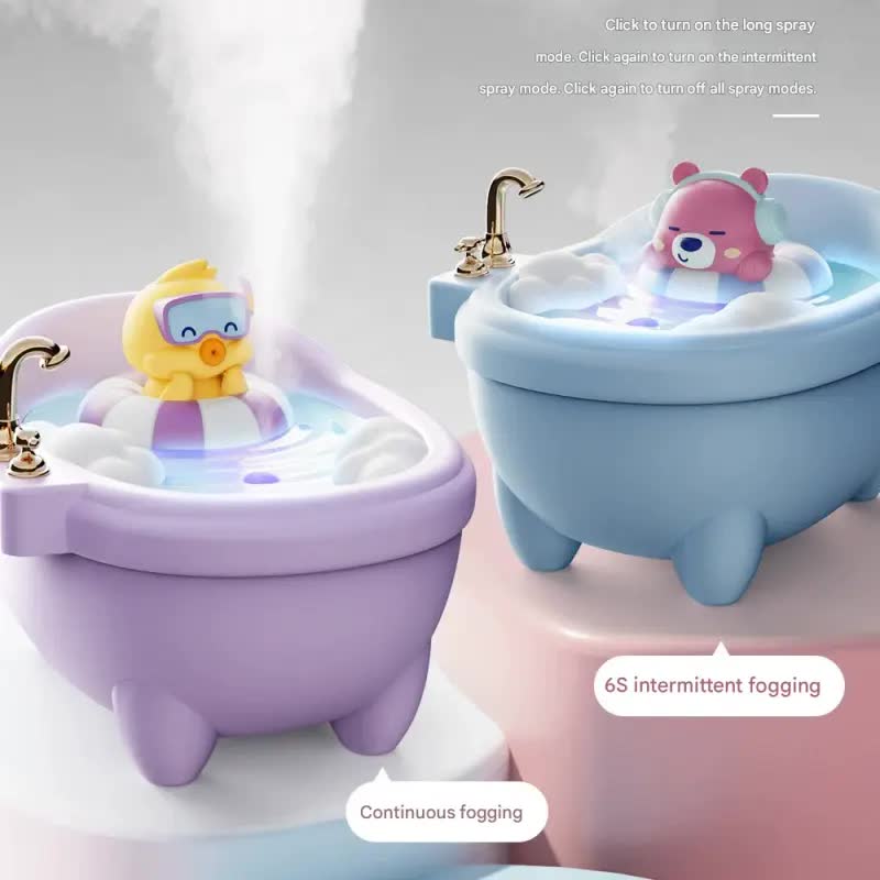 Adorable Bathtub Humidifier with Colorful Night Light - USB-C, 340ml, Auto Shut-Off(Blue Bear)