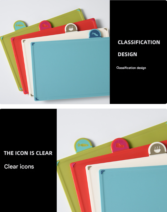 Coloerful 4-Piece Colour-Coded Index Cutting Board Set with Storage Stand - Food-Safe PP, Non-Slip, Easy Clean Kitchen Chopping Boards