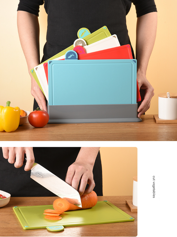 Coloerful 4-Piece Colour-Coded Index Cutting Board Set with Storage Stand - Food-Safe PP, Non-Slip, Easy Clean Kitchen Chopping Boards
