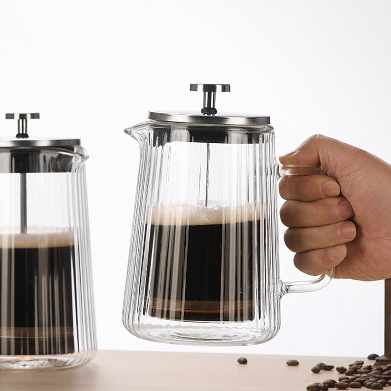 Transparent Elegant Ribbed Double Wall Glass French Press - 650ml Heat Resistant Coffee and Tea Maker with Stainless Steel Filter