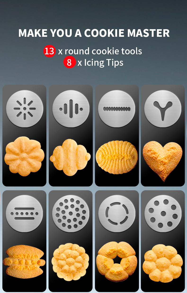 Silver and Black Stainless Steel Cookie Press Gun Kit - Biscuit Maker & Icing Decorating Set with 13 Discs & 8 Nozzles