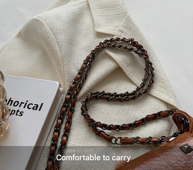 Black Women's Retro Studded Envelope Shoulder Bag - Chain Strap Crossbody Tote in Four Colors