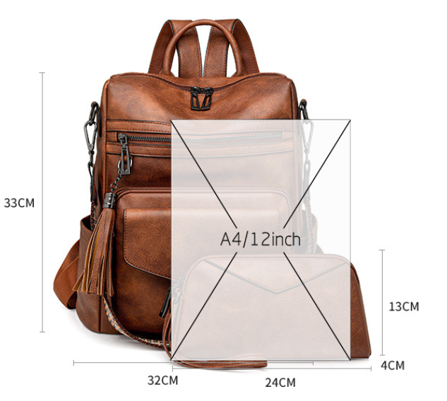 Brown with Leopard Print Women's Retro PU Leather Backpack - Dual-Color Tassel Design, Winter High-End Style