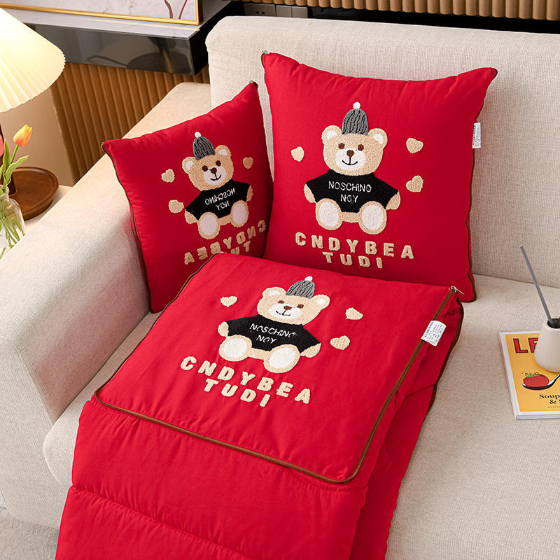 Red Cap Bear 2-in-1 Foldable Car Pillow Blanket - Cozy 40x40cm Pillow, Unfolds to 100x150cm Blanket for Travel and Office Naps