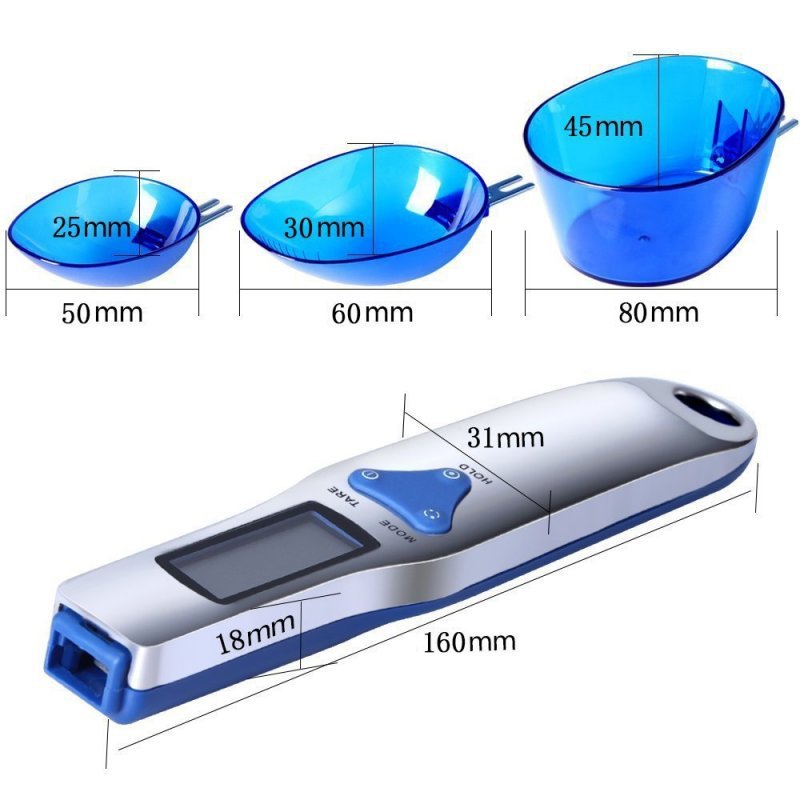 Blue High Precision Digital Spoon Scale - Electronic Measuring Scoop with 3 Heads for Kitchen & Baking(300g)