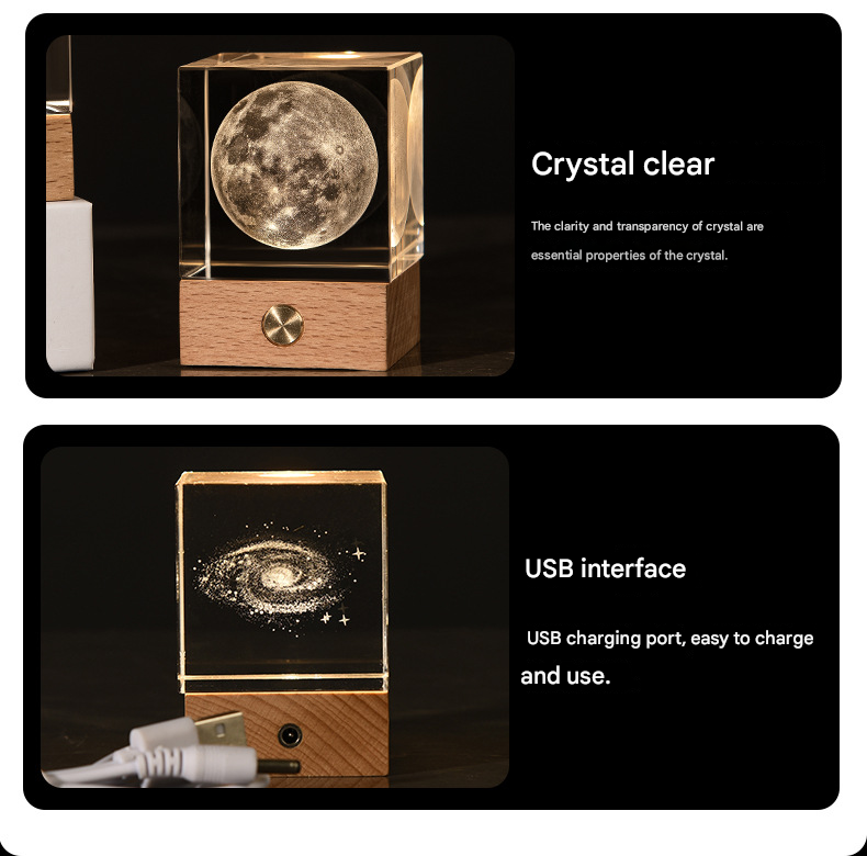 Milky Way Luminous 3D Crystal Cube Night Light - Laser Engraved Artwork with Solid Wood Base