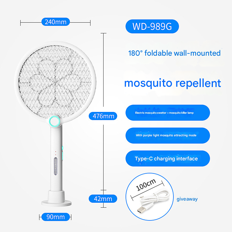 White Rechargeable 2-in-1 Bug Zapper Racket - Electric Fly Swatter & UV Mosquito Lamp with Charging Base