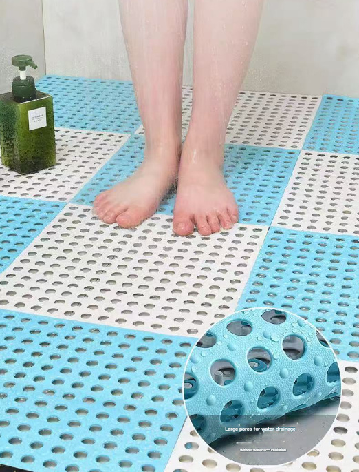 White And Green DIY Interlocking Non-Slip Floor Tiles - 18-Pack PVC Drainage Mat for Shower & Bathroom Safety