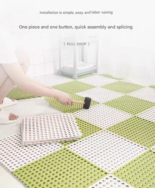 White And Green DIY Interlocking Non-Slip Floor Tiles - 18-Pack PVC Drainage Mat for Shower & Bathroom Safety