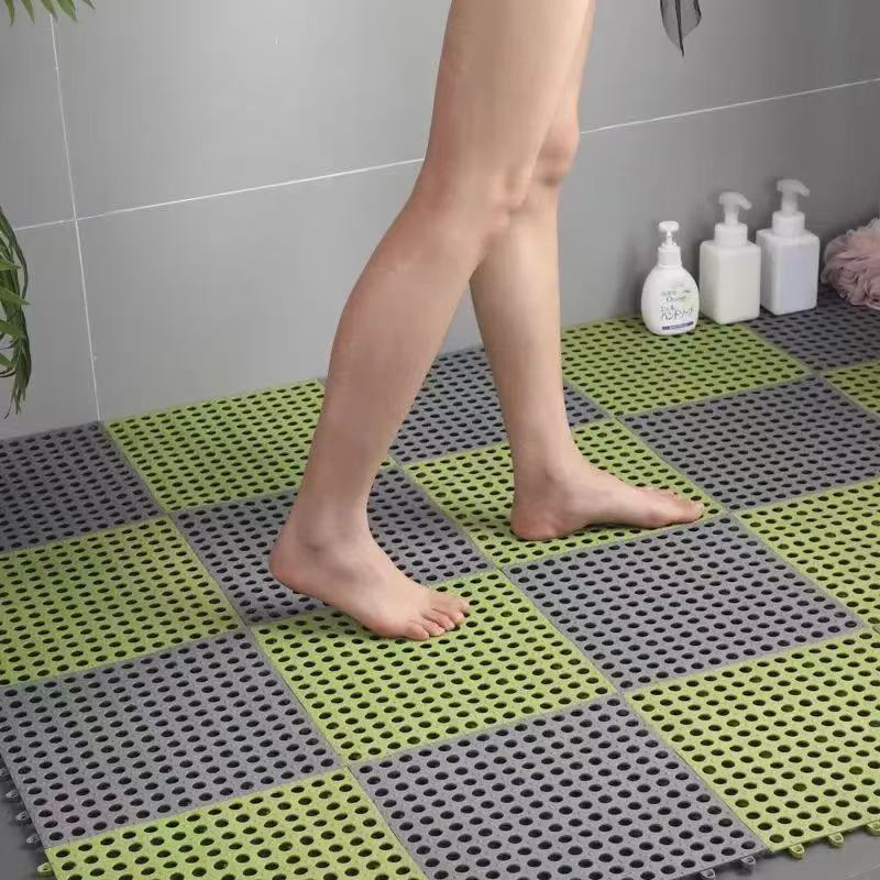 Grey And Green DIY Interlocking Non-Slip Floor Tiles - 18-Pack PVC Drainage Mat for Shower & Bathroom Safety