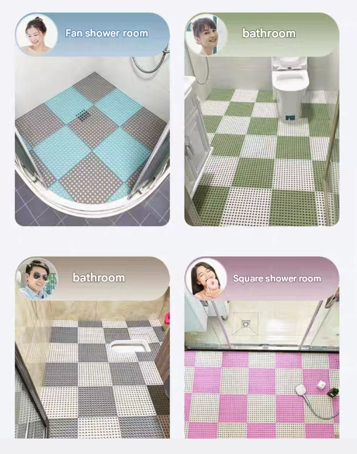 Grey And Pink DIY Interlocking Non-Slip Floor Tiles - 18-Pack PVC Drainage Mat for Shower & Bathroom Safety