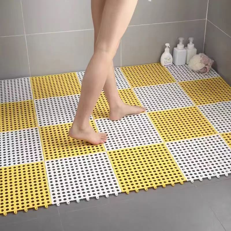 White And Yellow DIY Interlocking Non-Slip Floor Tiles - 12-Pack PVC Drainage Mat for Shower & Bathroom Safety