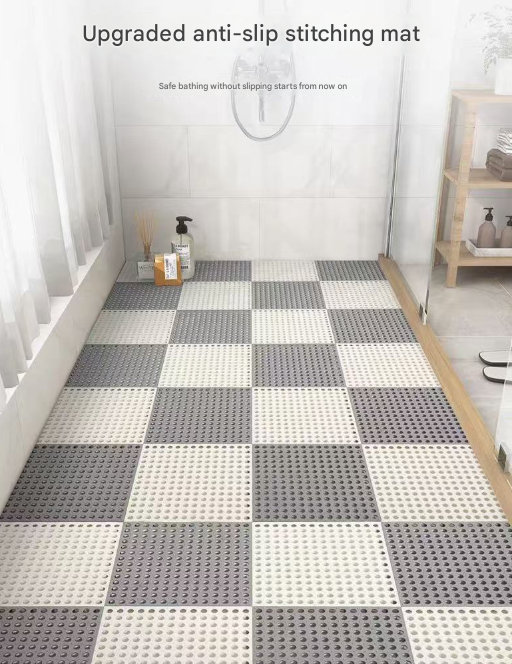 Grey And Pink DIY Interlocking Non-Slip Floor Tiles - 12-Pack PVC Drainage Mat for Shower & Bathroom Safety