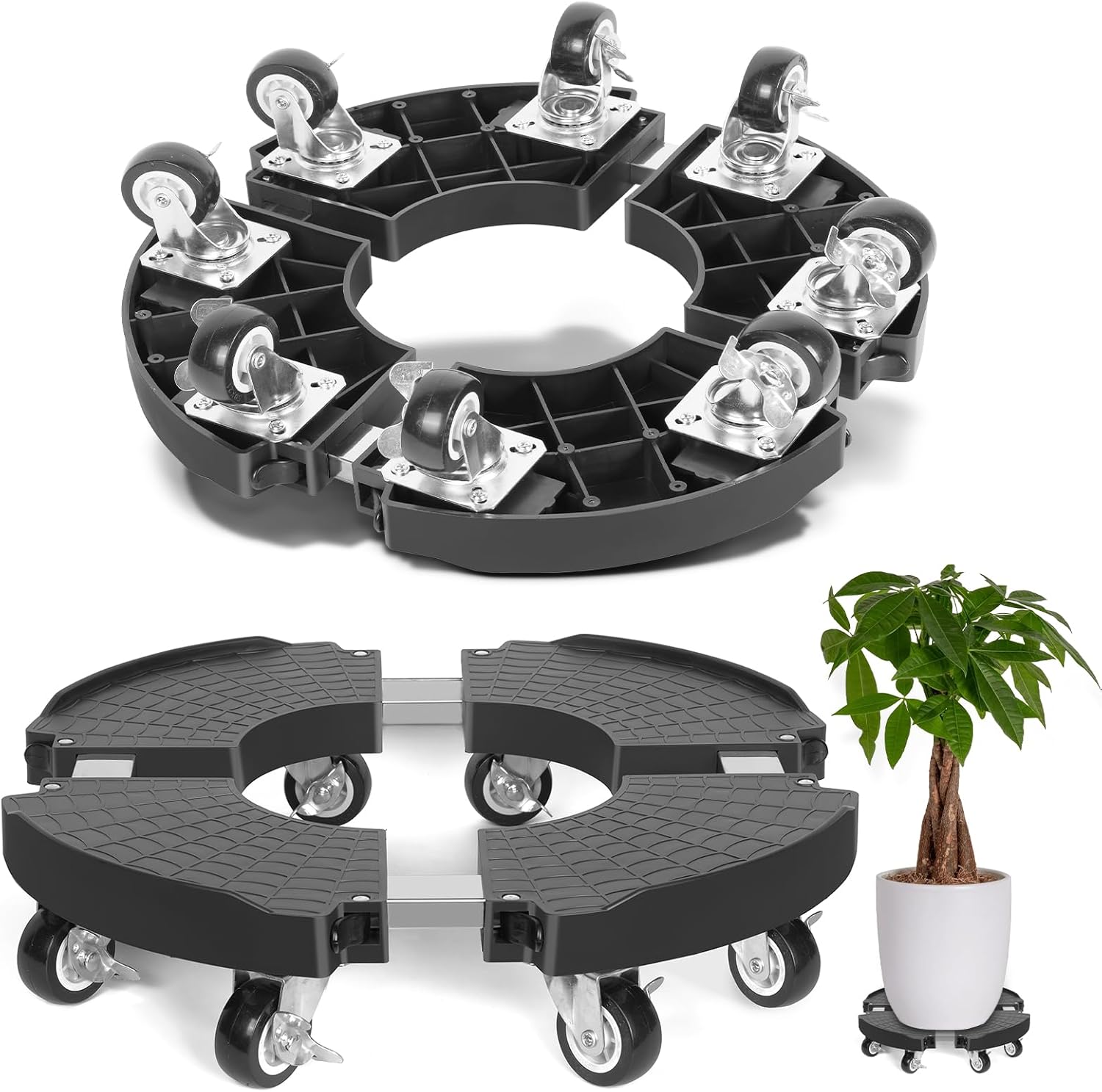 Black Round Adjustable Plant Pot Caddy Stand with Wheels Heavy Duty Rolling Gas Cylinder Tray Dolly for Indoor Outdoor Patio