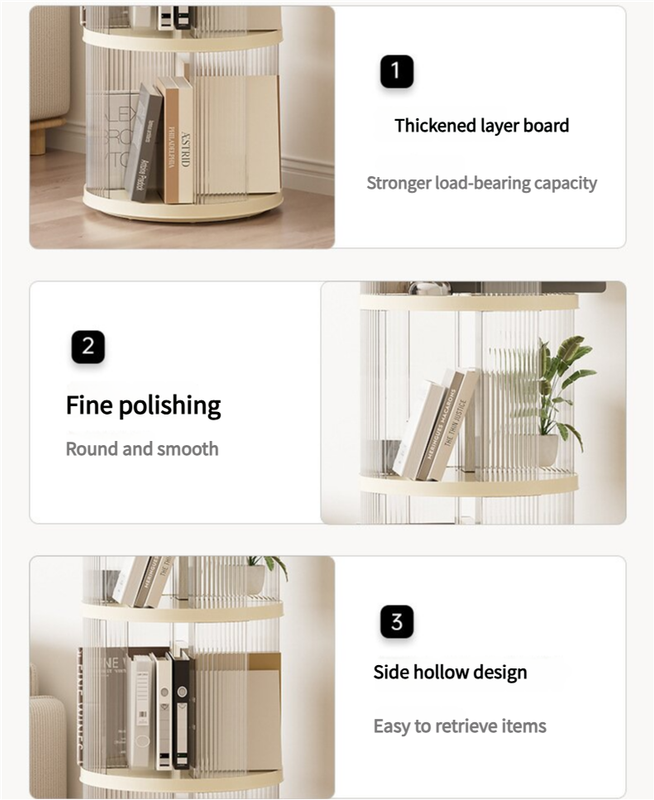 Rotating storage bookshelf square four layers- Cream White Multi-Layer Storage Rack, 36x36x135.5cm (ABS+PET)