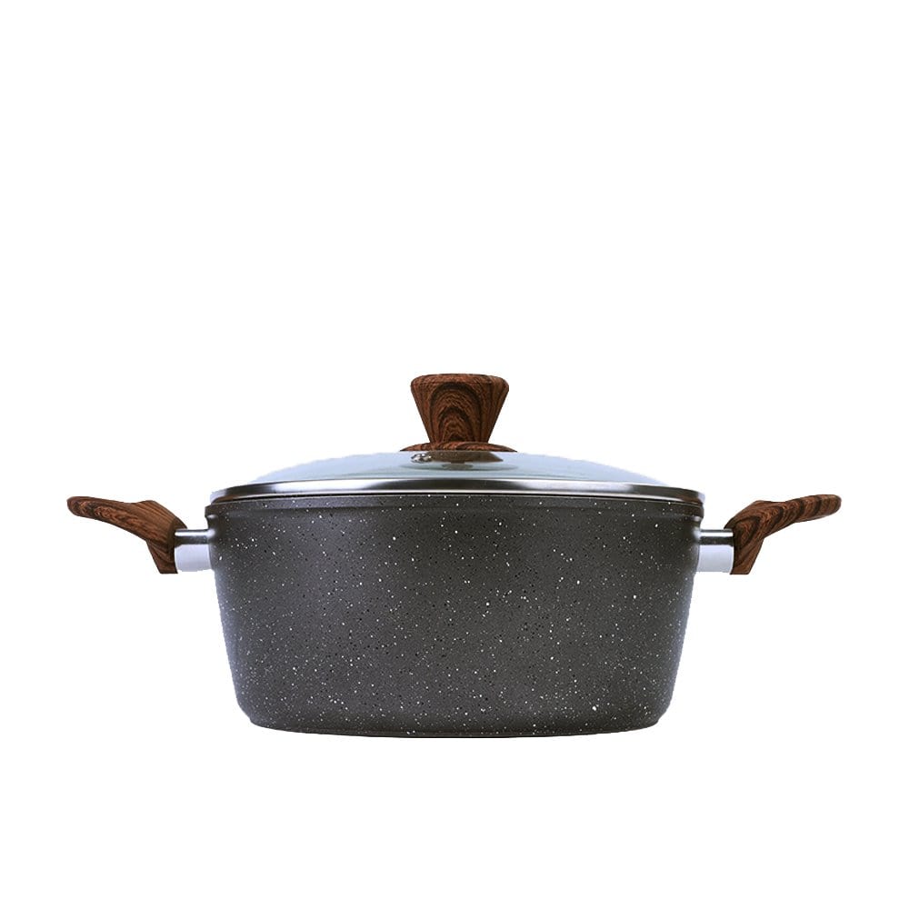 Non-stick casserole pot with glass lid, dark speckled finish, and wood-style handles