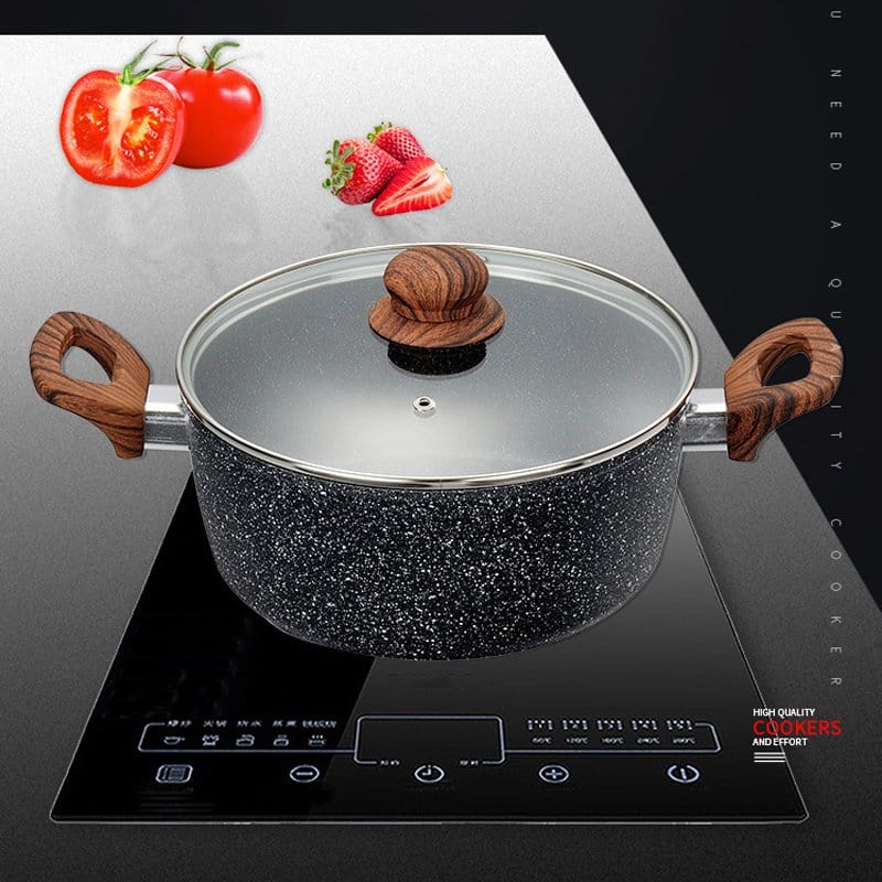 Non-stick casserole pot with glass lid, dark speckled finish, and wood-style handles