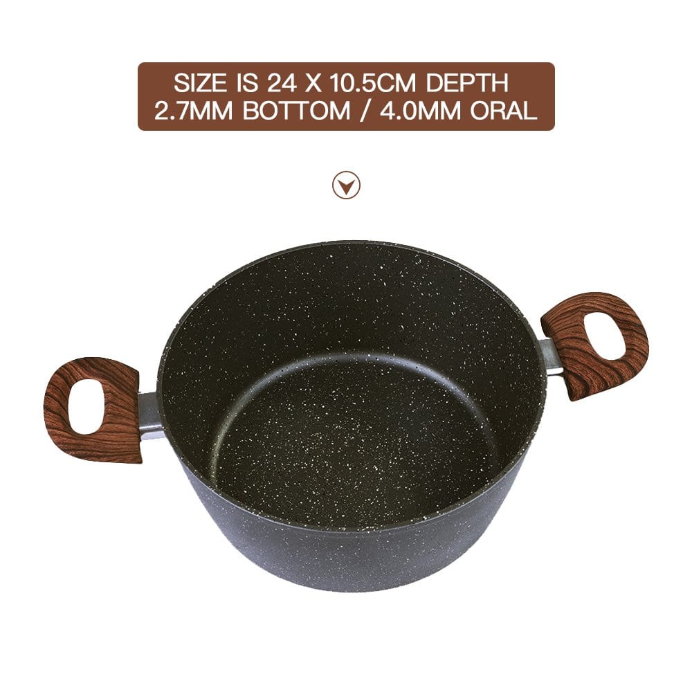 Non-stick casserole pot base, dark speckled interior with two side loop handles
