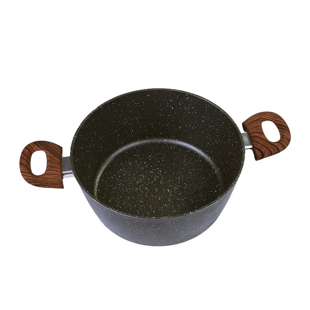 Non-stick casserole pot base with dark speckled interior and two loop handles