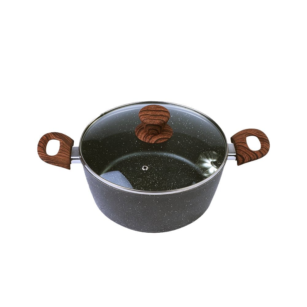 Non-stick casserole pot with glass lid, dark speckled sides, and wood-style handles