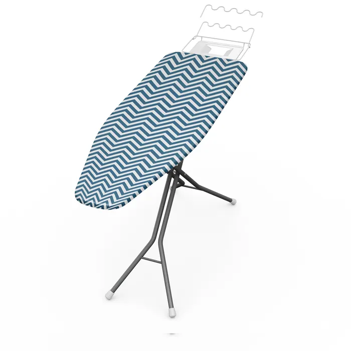 Ironing board cover with blue chevron pattern, fitted over an ironing board