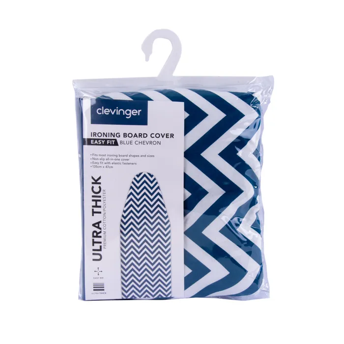 Ironing board cover in retail package, blue chevron design inside clear bag