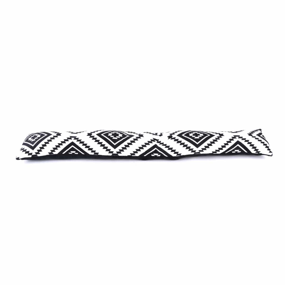 Patterned fabric draft stopper with white base and black geometric motifs
