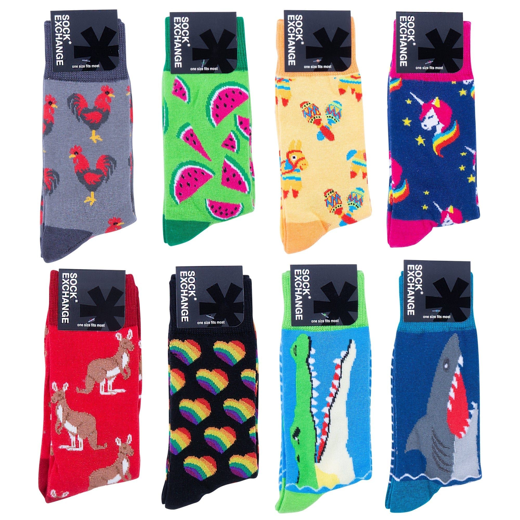 Assorted novelty crew socks with colorful animal and fruit prints on dark and bright bases