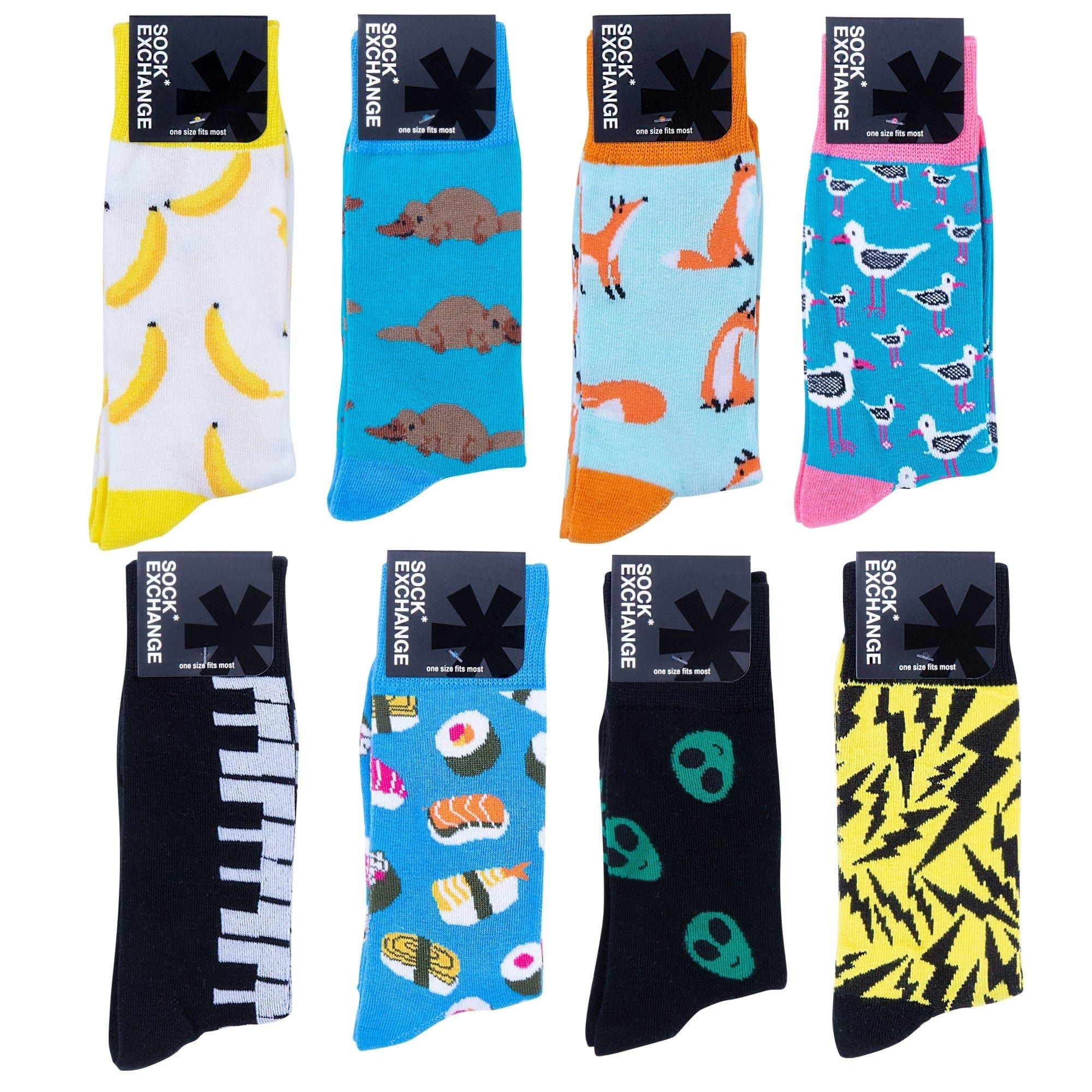 Assorted novelty crew socks with colorful food, animal, and abstract pattern designs